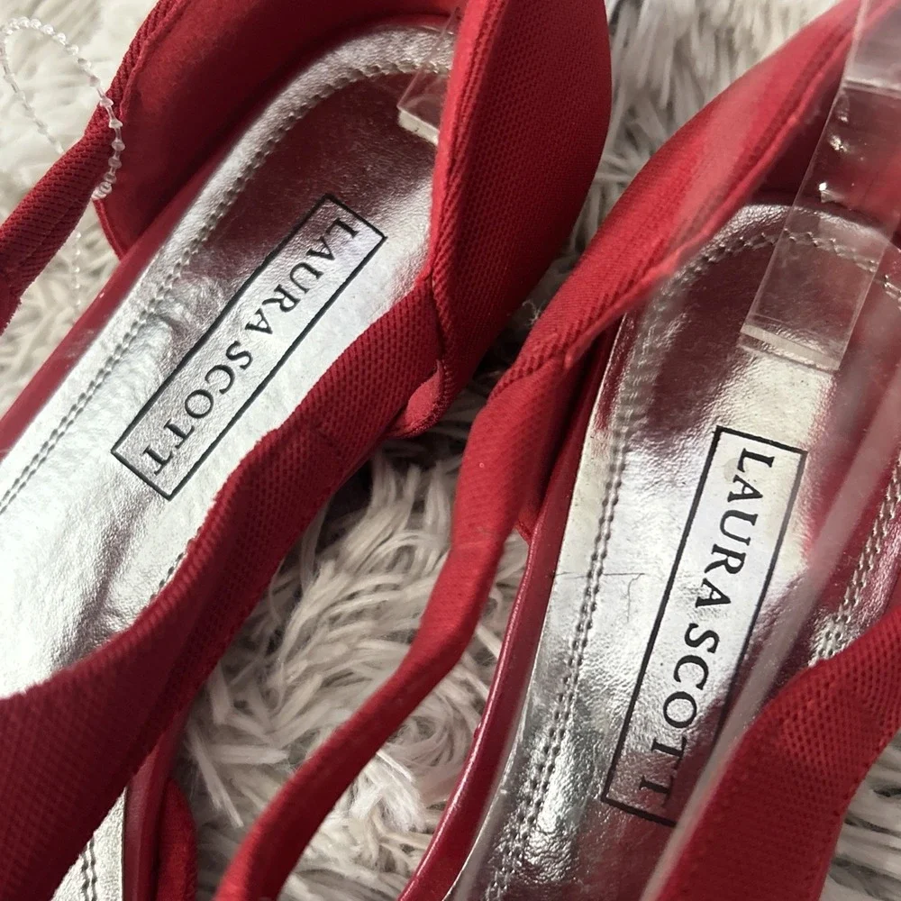 Laura Scott Red Open-Toe Wedge Sandals with Silver Accent